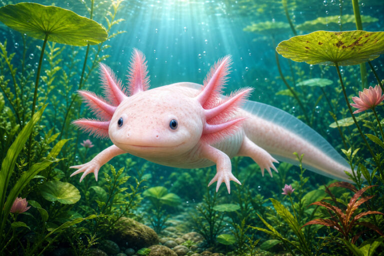 Roze axolotl tussen groene waterplanten in een turquoise onderwaterlandschap