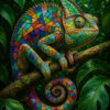 Kameleon met kleurrijke glas-in-loodpatronen tussen smaragdgroene junglebladeren