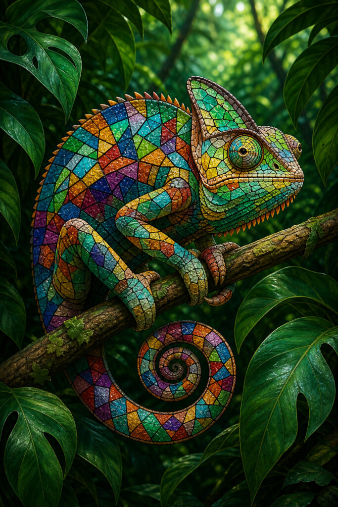 Kameleon met kleurrijke glas-in-loodpatronen tussen smaragdgroene junglebladeren
