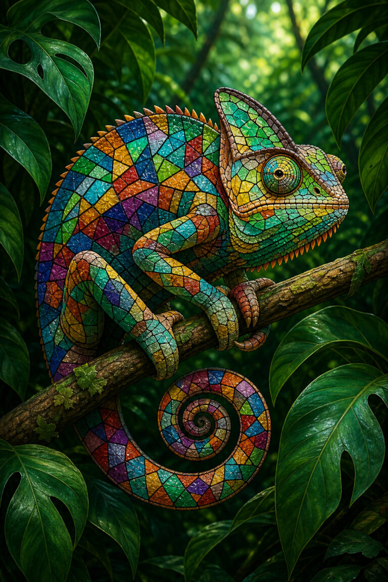 Kameleon met kleurrijke glas-in-loodpatronen tussen smaragdgroene junglebladeren