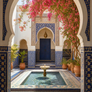Marokkaanse riad met blauwe zelligetegels, fontein en roze bougainvillea