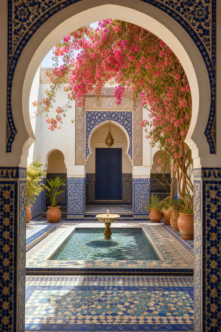 Marokkaanse riad met blauwe zelligetegels, fontein en roze bougainvillea