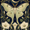 Symmetrische nachtvlinder met maanbloemen en goudkleurige art-nouveau-lijnen