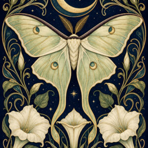 Symmetrische nachtvlinder met maanbloemen en goudkleurige art-nouveau-lijnen