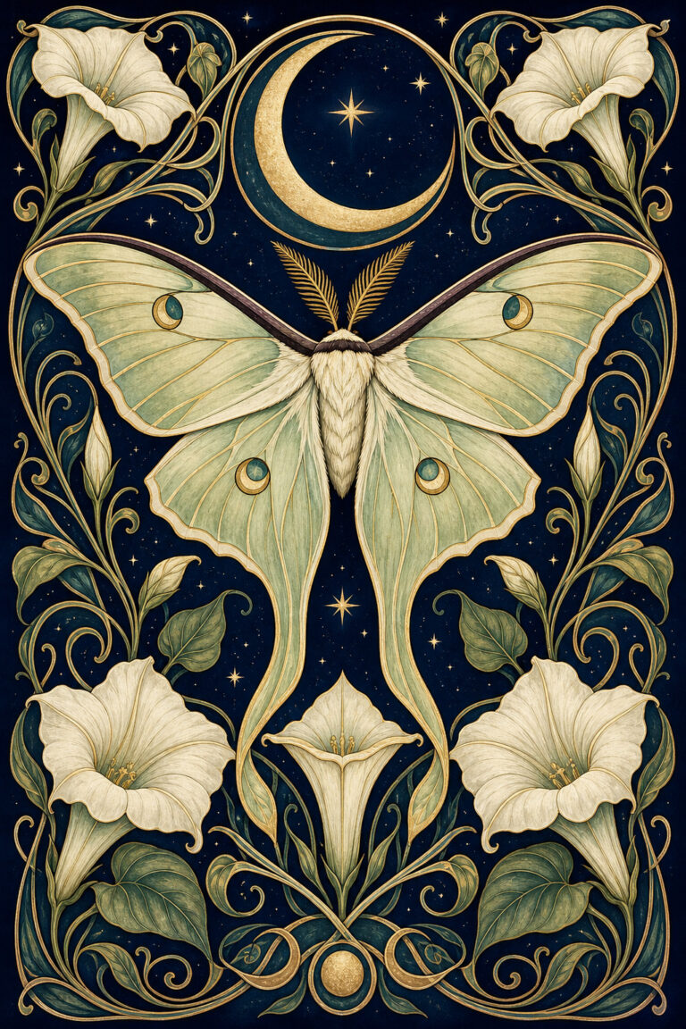Symmetrische nachtvlinder met maanbloemen en goudkleurige art-nouveau-lijnen