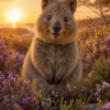 Vrolijke quokka tussen paarse heide en kleine wilde bloemen