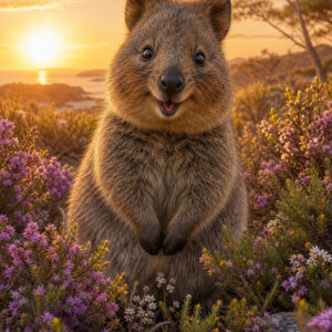 Vrolijke quokka tussen paarse heide en kleine wilde bloemen