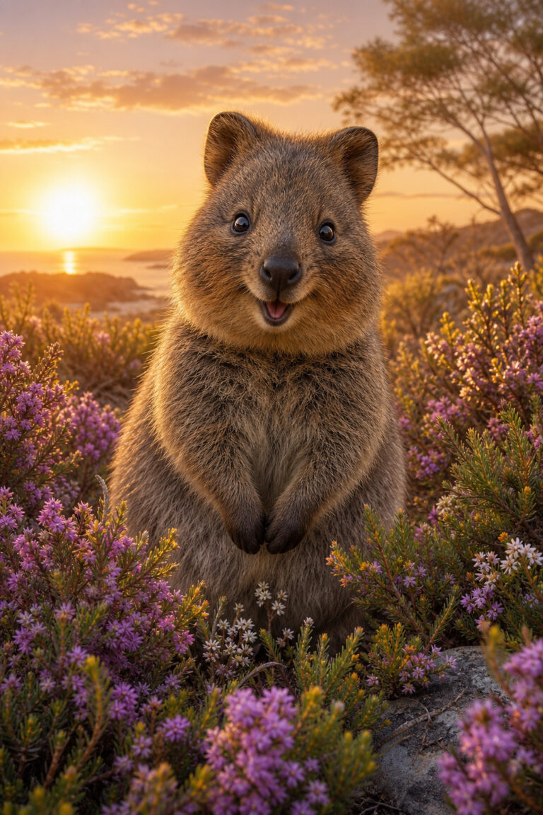 Vrolijke quokka tussen paarse heide en kleine wilde bloemen