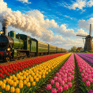 Klassieke groene trein langs kleurrijke tulpenvelden en een Nederlandse molen