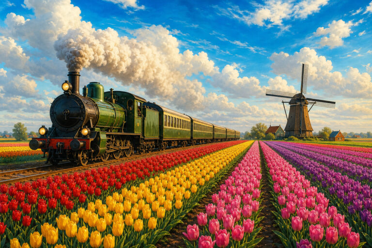 Klassieke groene trein langs kleurrijke tulpenvelden en een Nederlandse molen