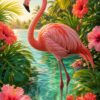 Roze flamingo in turquoise water tussen hibiscus en tropische palmbladeren