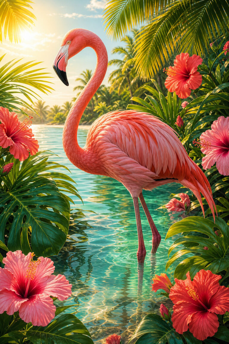 Roze flamingo in turquoise water tussen hibiscus en tropische palmbladeren