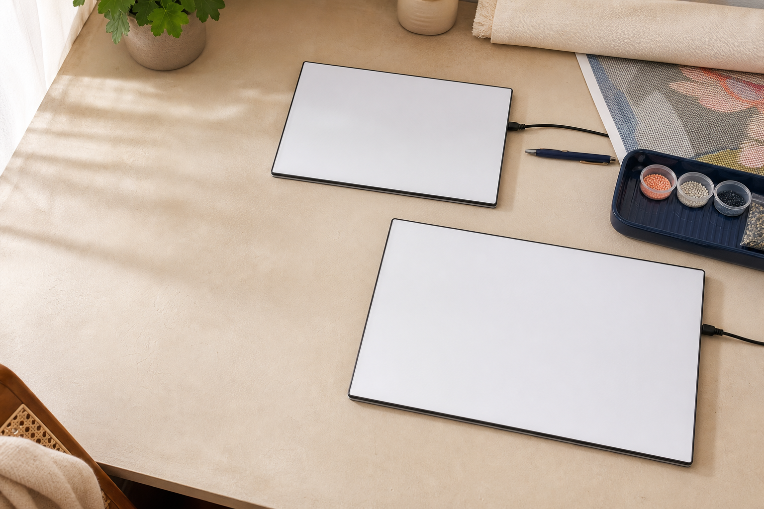 Compacte en grotere lightpad liggen op schaal naast canvas, sorteerbakje en pen