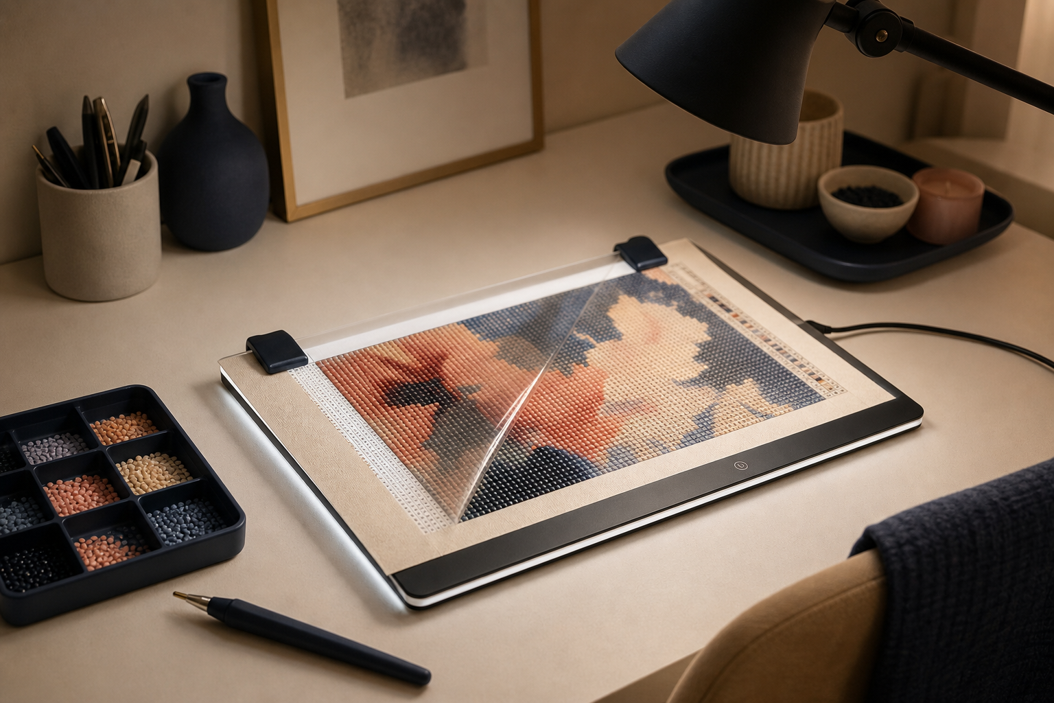 Rustige diamond painting werkplek met gedimde lightpad, bovenlicht, clips en gesorteerde drills