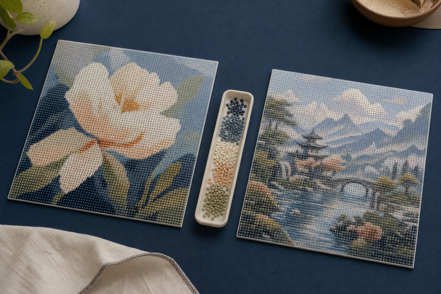 Twee even grote canvassen vergelijken een rustig kleurvlak met een te druk miniatuurlandschap