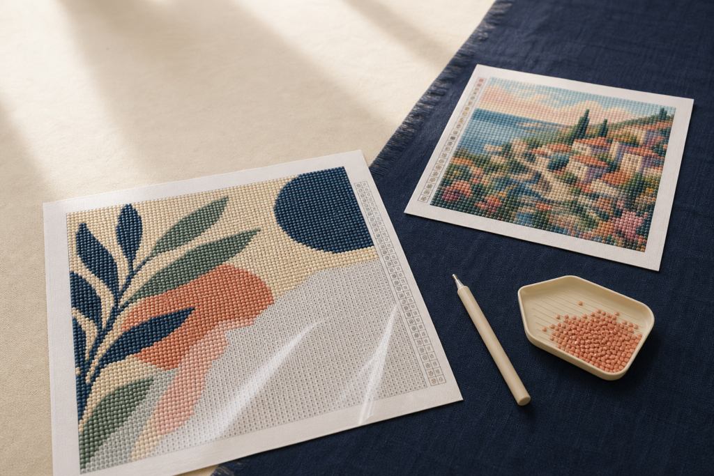 Twee budget diamond painting projecten tonen het verschil tussen een eenvoudig passend ontwerp en te veel detail