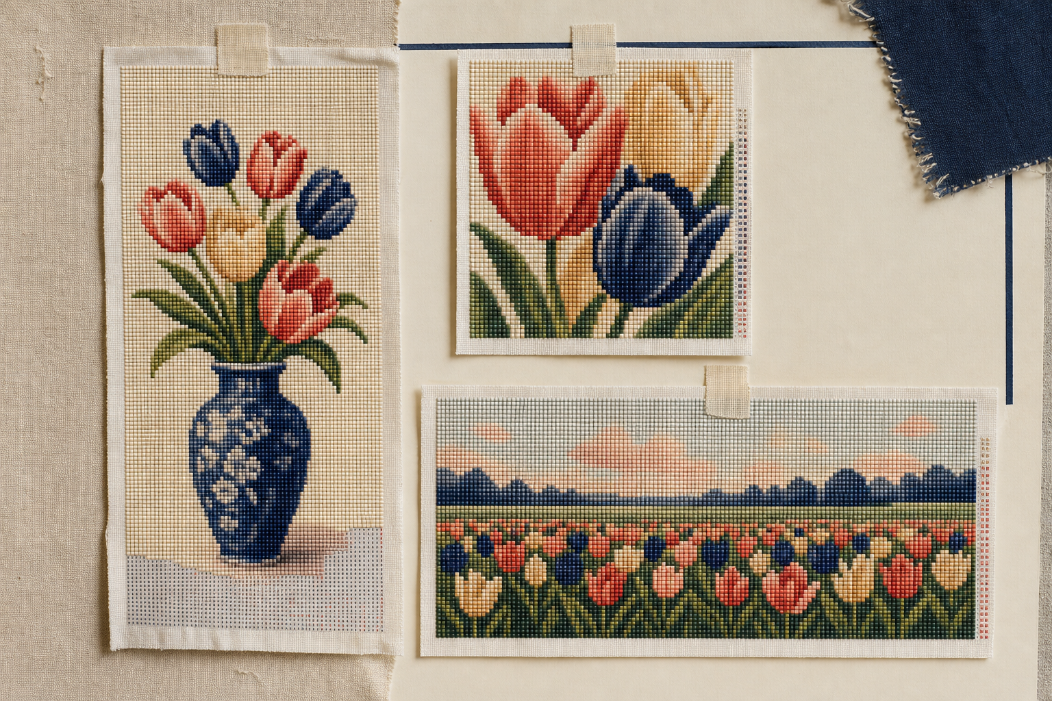 Tulpenboeket, bloemclose-up en tulpenveld tonen drie composities voor een bewuste keuze van beeldverhouding en onderwerp