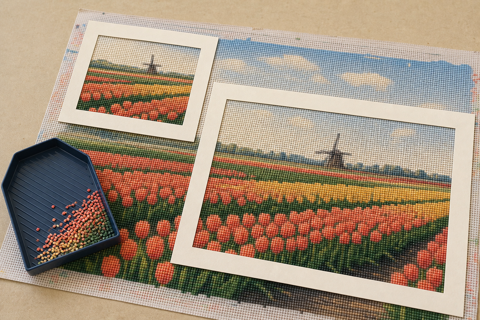 Tulpenveldcompositie met grote en kleine bloemkoppen toont hoe formaat de leesbaarheid beïnvloedt