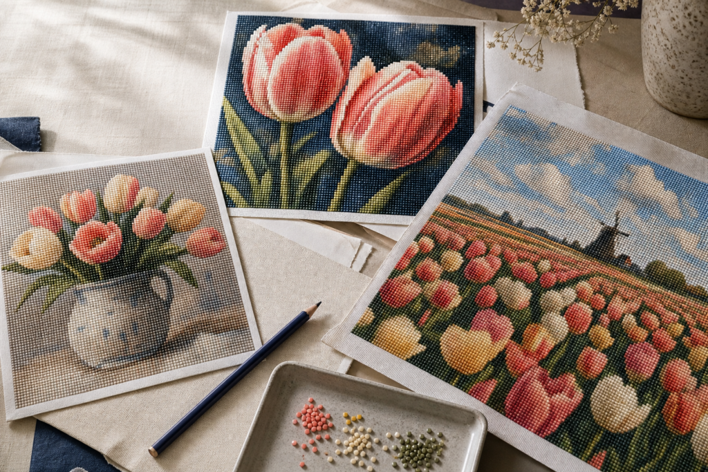 Drie tulpencomposities als diamond painting liggen naast elkaar op een rustige ontwerpwerktafel