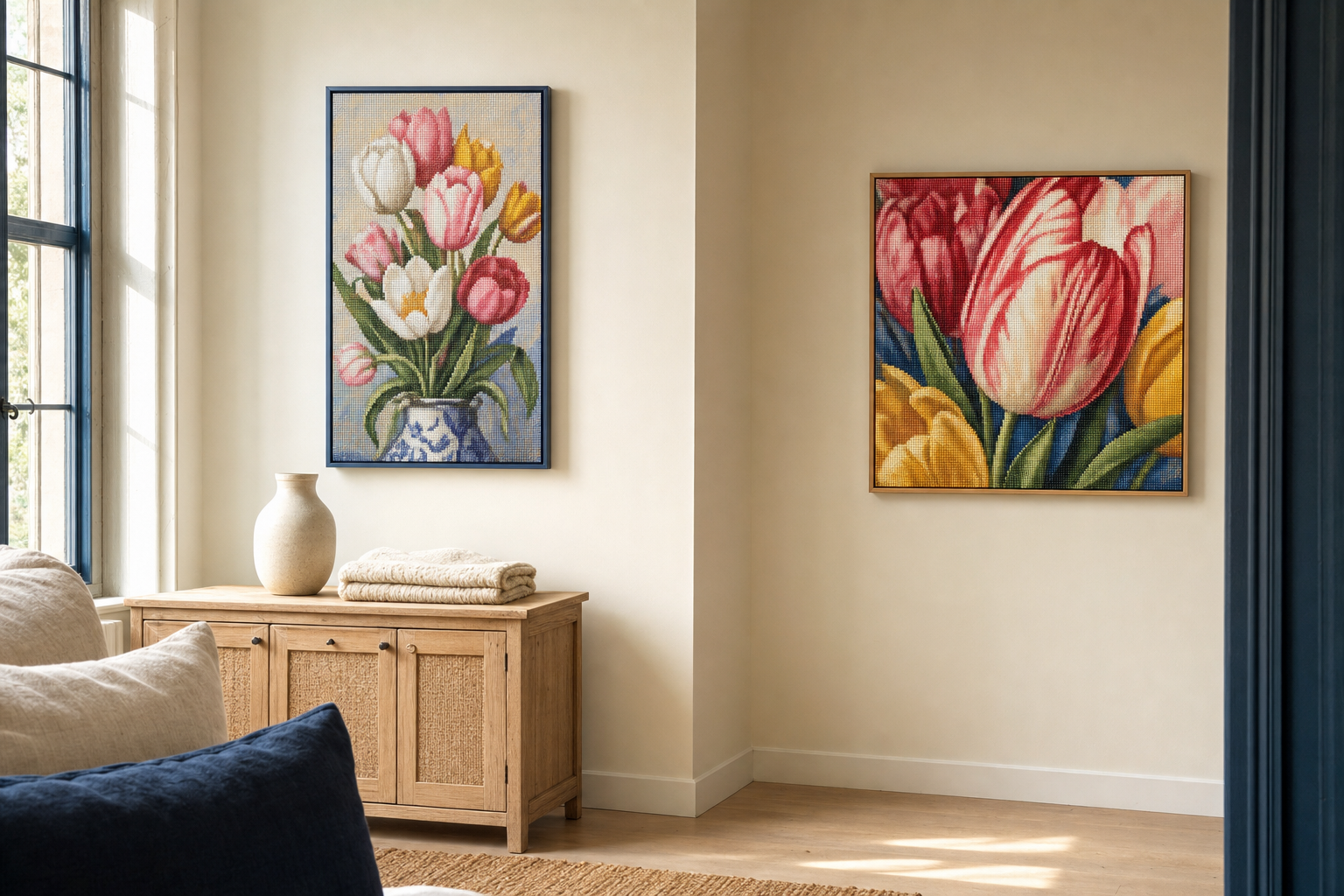 Tulpen close-up en rustig tulpenboeket worden op passende schaal in twee interieurs bekeken