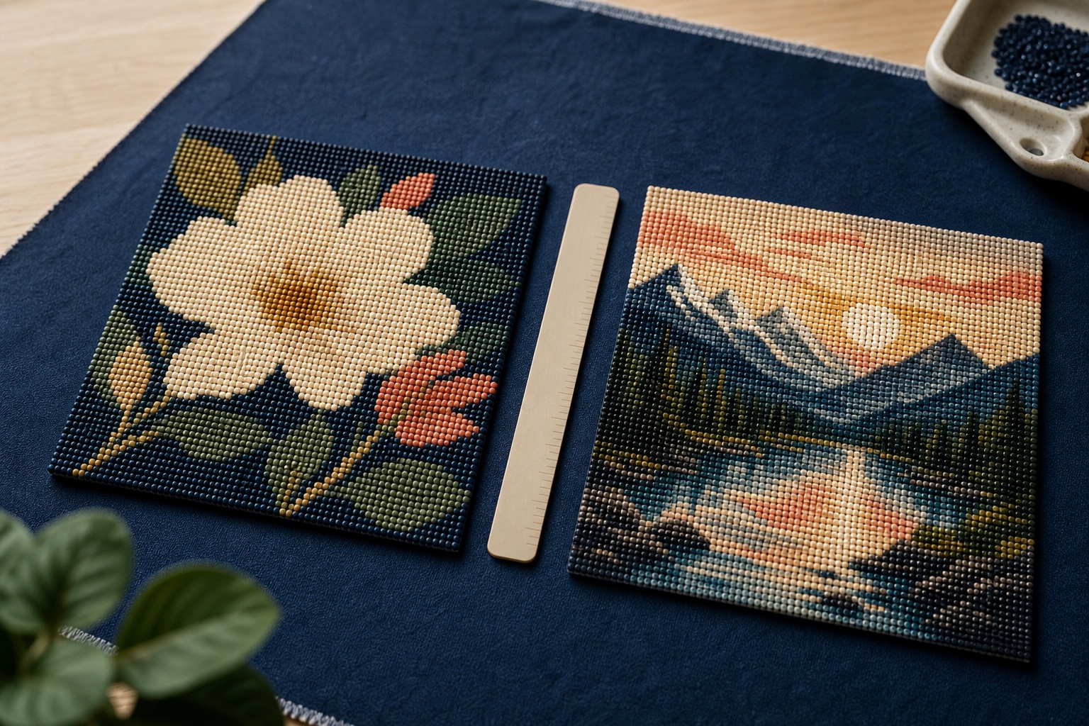 Twee fictieve diamond painting rasters tonen hoe een eenvoudig motief en een detailrijk landschap verschillend uitpakken op klein formaat
