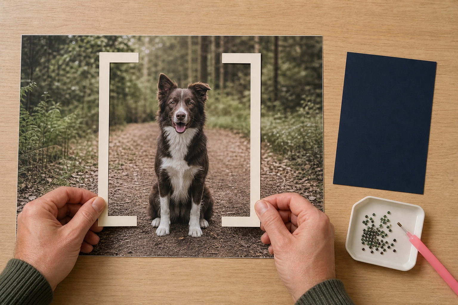 Een ongebrande fotoprint wordt met twee papieren kaders bijgesneden om een duidelijke diamond painting uitsnede te kiezen