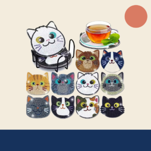 Detailbeeld van de complete set kattenonderzetters tegen de kleuren van Diamondpaintingwinkel.nl