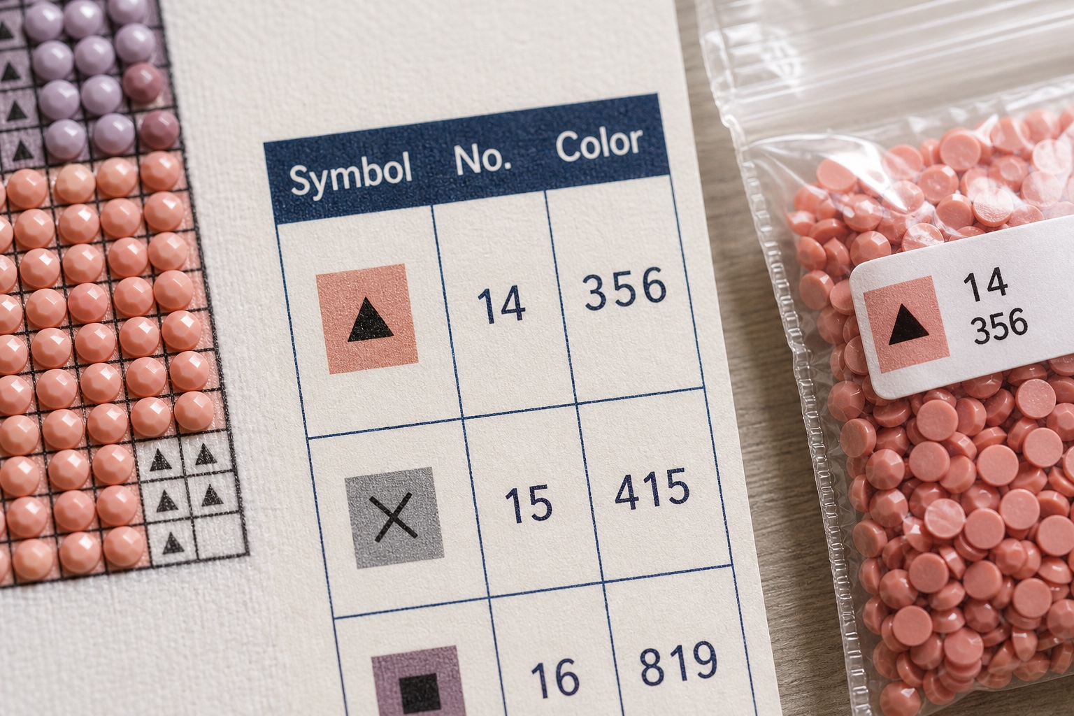 Macro van canvassymbool, legenda met kleurcode en bijpassend zakje steentjes op dezelfde werktafel