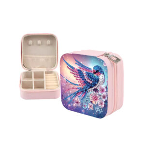 Roze compacte sieradendoos met een blauw vogelmotief van diamond painting steentjes