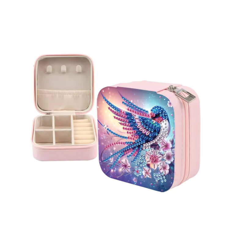 Roze compacte sieradendoos met een blauw vogelmotief van diamond painting steentjes