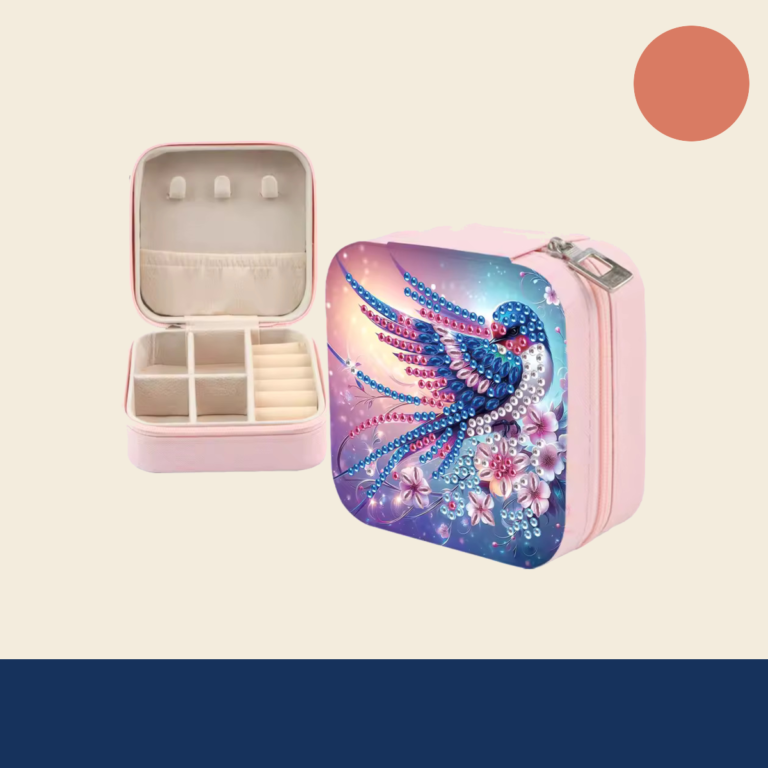 Open en gesloten roze sieradendoos met blauw vogelmotief van diamond painting steentjes