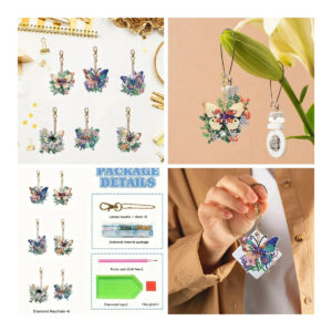 Zes diamond painting sleutelhangers met verschillende kleurrijke vlindermotieven