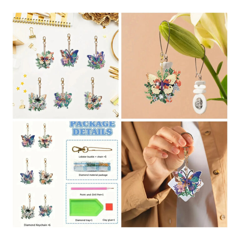 Zes diamond painting sleutelhangers met verschillende kleurrijke vlindermotieven