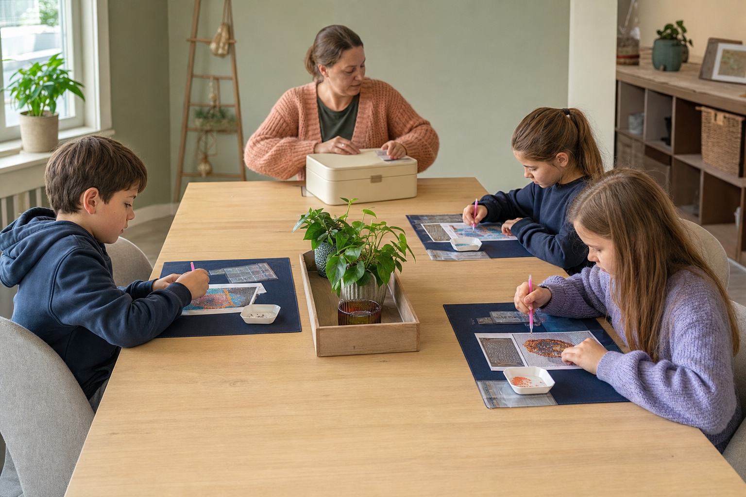 Drie kinderen werken ieder in een eigen afgebakende diamond painting zone terwijl een volwassene gesloten materialen beheert