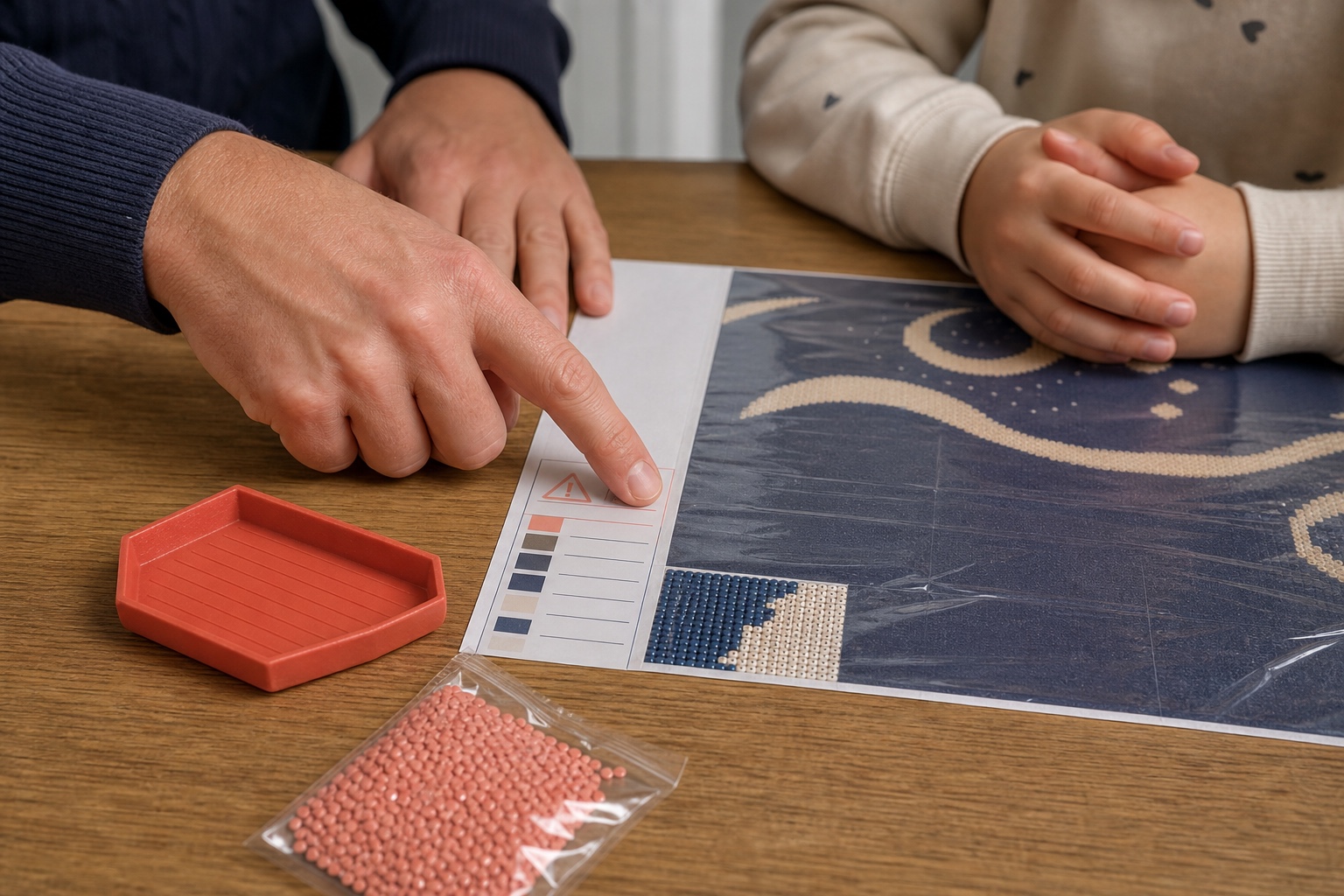 Volwassene wijst op een leeftijdswaarschuwing terwijl een kind wacht bij een klein afgedekt diamond painting proefvlak