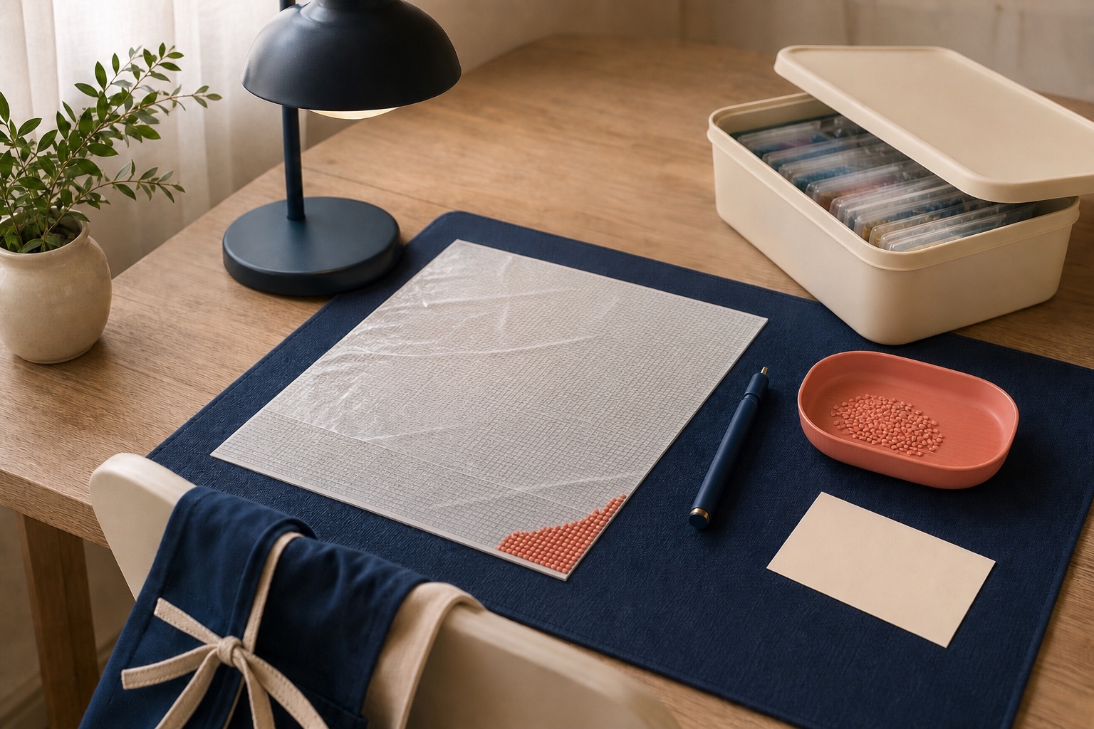 Kindvriendelijke werktafel met één open kleur, afgedekt canvas, stabiele lamp en gesloten zakjes buiten het actieve vlak