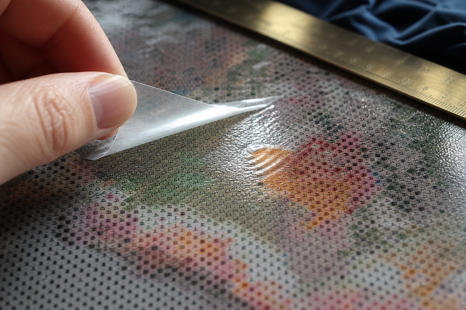 Canvas wordt onder strijklicht gecontroleerd op leesbare symbolen, vlak materiaal en een gelijkmatige lijmlaag
