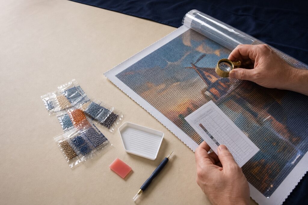 Geopende diamond painting kit met canvas, legenda, drills en gereedschap ligt klaar voor een volledige kwaliteitscontrole