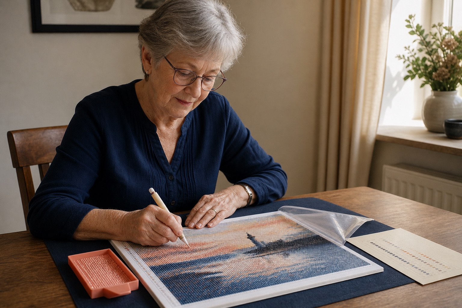 Oudere dame legt in alle rust een diamond painting steentje aan een opgeruimde tafel met een schaal en de legenda binnen handbereik