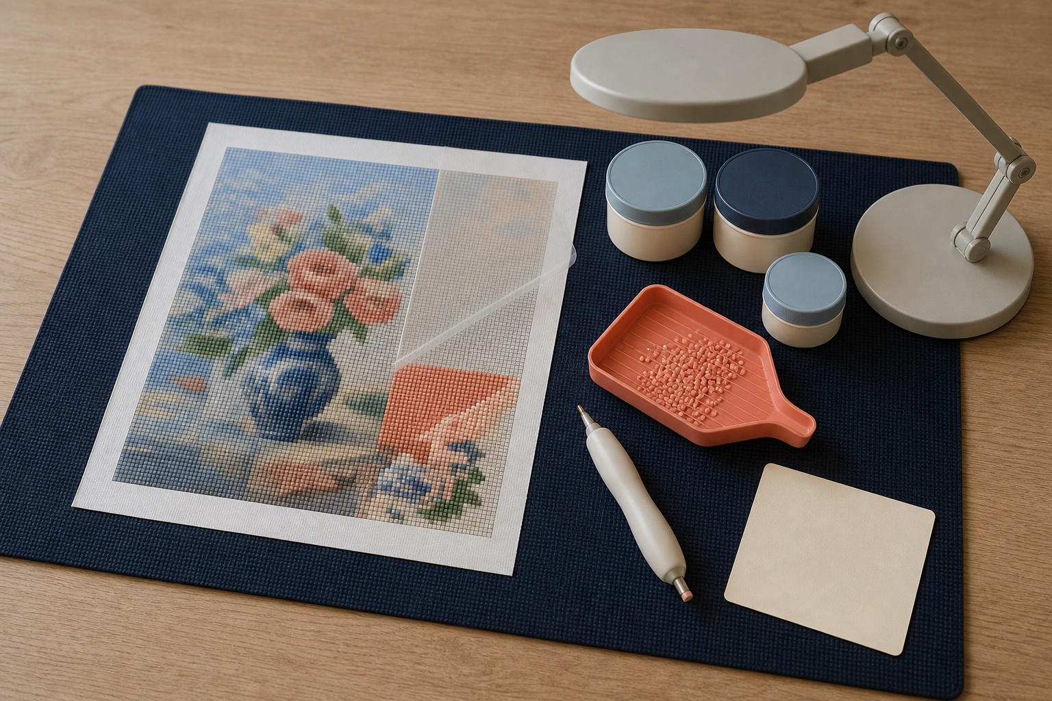 Brede diamond painting pen, sorteerbakje en duidelijk canvas liggen binnen handbereik naast een verstelbare werklamp