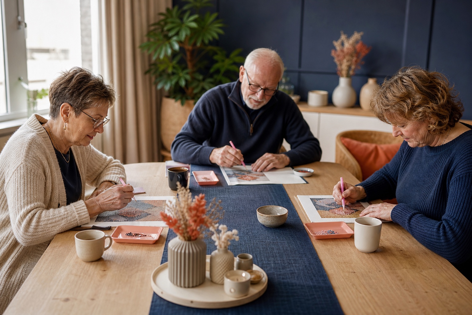 Drie oudere hobbyisten werken aan afzonderlijke diamond painting delen aan een lichte tafel met overzichtelijke bakjes