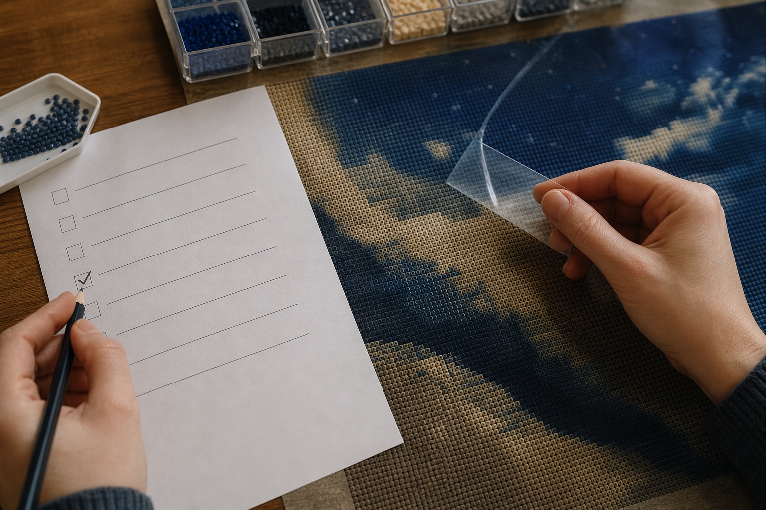 Hobbyist controleert met een papieren checklist de symbolen, beschermfolie en inhoud van een geopende diamond painting set