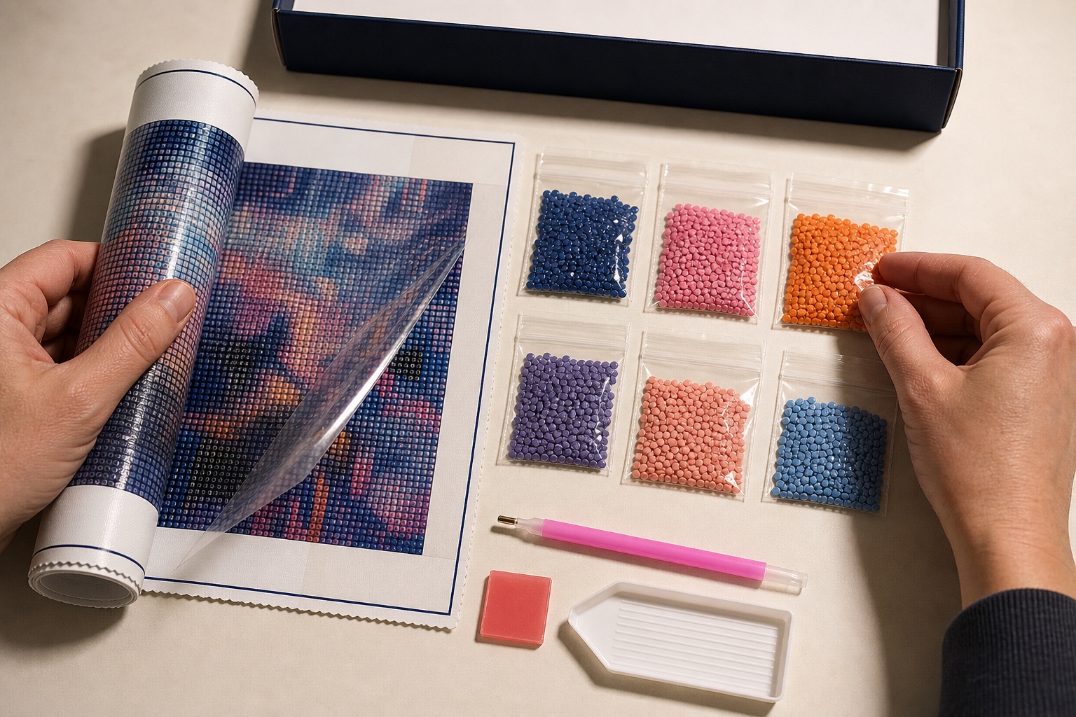 Canvas, zakjes met ronde steentjes, pen, wax en schudbakje liggen klaar voor een controle van de setinhoud