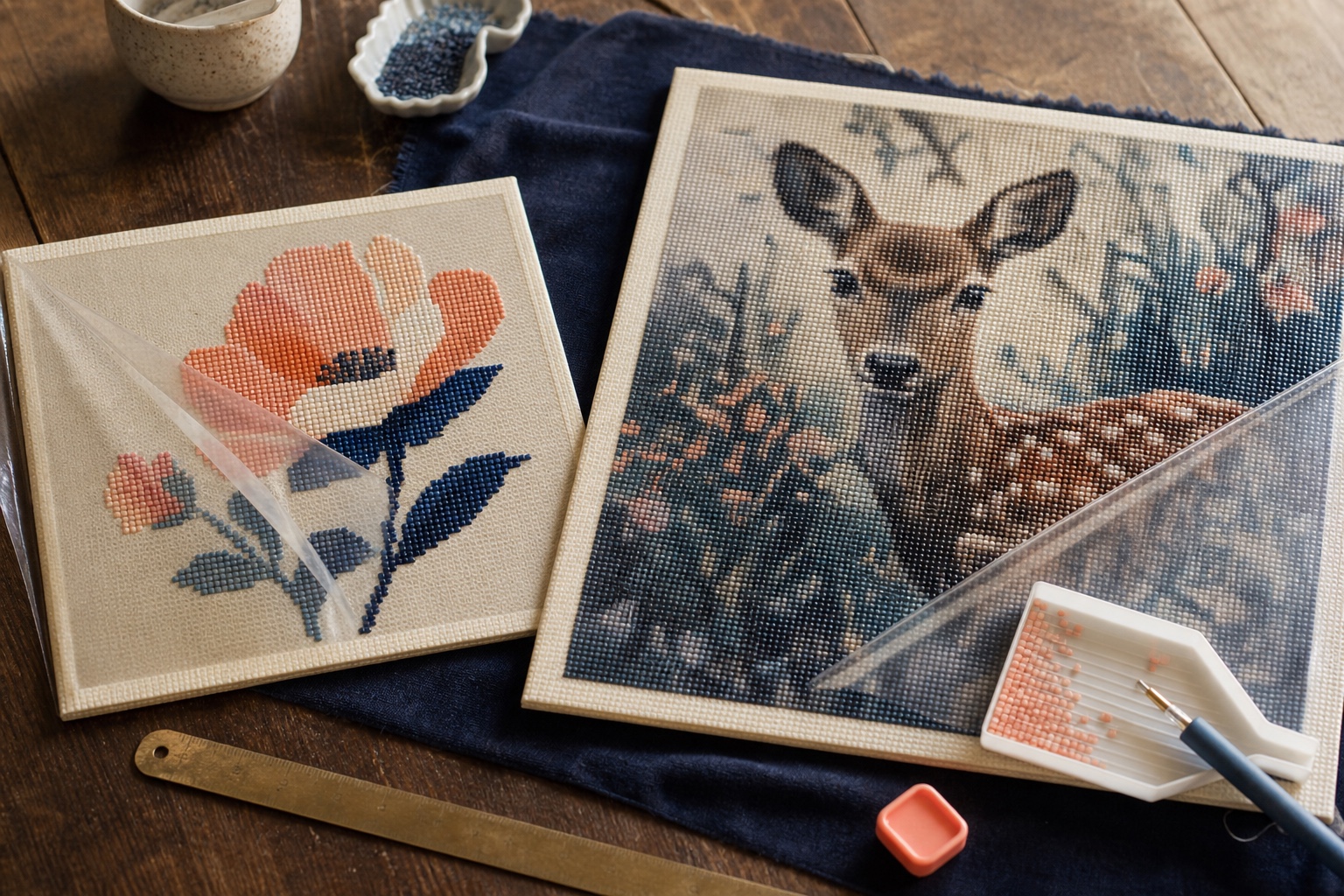 Klein eenvoudig en groter gedetailleerd diamond painting canvas worden onder hetzelfde licht naast elkaar vergeleken