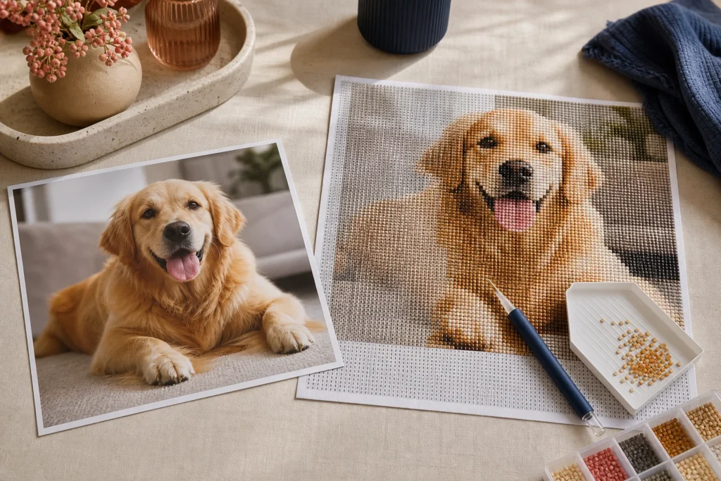 Foto van een golden retriever naast dezelfde hond als diamond painting met vierkante steentjes.
