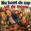 Cartoon van een man in een huiskamer waar een aap met een banaan uit zijn mouw springt, met de tekst Nu komt de aap uit de mouw