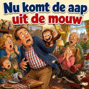 Cartoon van een man in een huiskamer waar een aap met een banaan uit zijn mouw springt, met de tekst Nu komt de aap uit de mouw