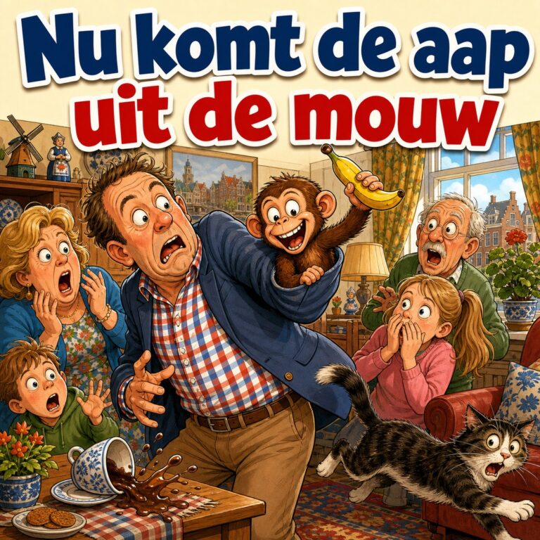 Diamond painting van het spreekwoord Nu komt de aap uit de mouw