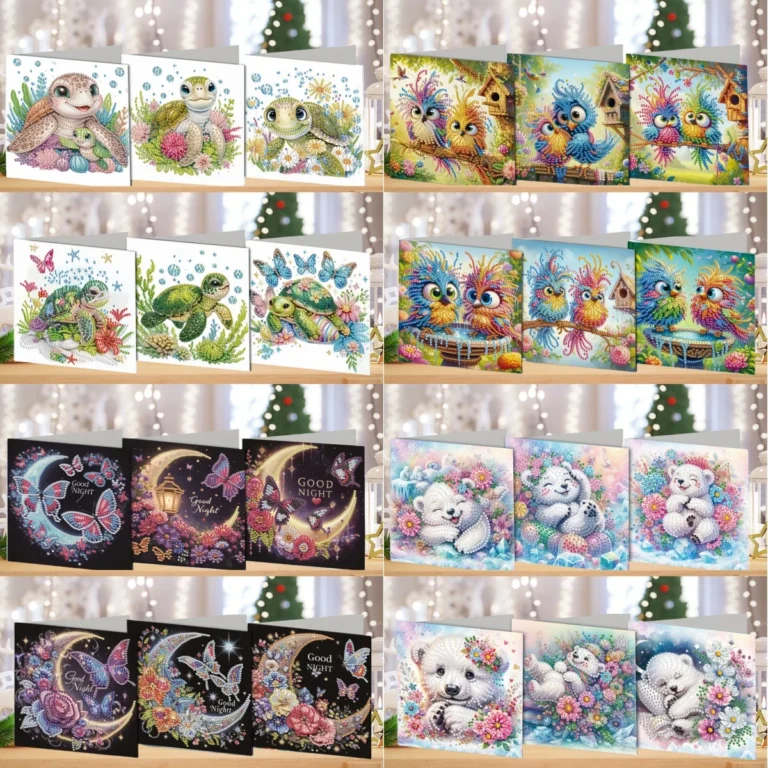 Zes kleurrijke diamond painting wenskaarten met dieren