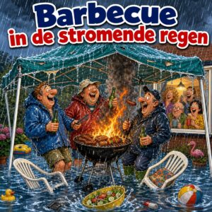 Cartoon van drie mannen die onder een lekkende partytent doorbarbecueën in de plenzende regen, met de tekst Barbecue in de stromende regen